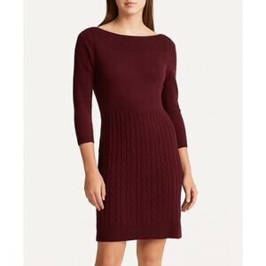 Lauren Ralph Lauren 3/4 Sleeve cable Knit Sweater Dress Size Large Burgundy